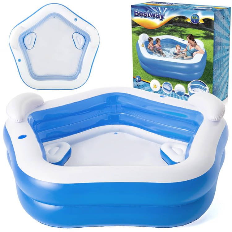 Piscina gonflabila cu 2 scaune, Bestway, 213 x 206 x 69 cm, capacitate 575 l, 2 suporturi de pahar, tetiere, vinil, albastru/alb Piscina gonflabila cu 2 scaune, Bestway, 213 x 206 x 69 cm, capacitate 575 l, 2 suporturi de pahar, tetiere, vinil, albastru/alb